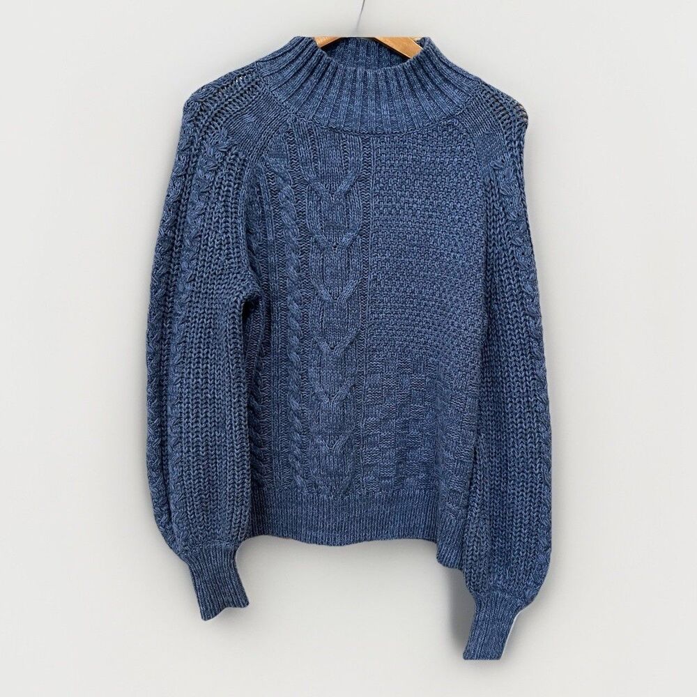 Sundance Hayden Blue Cable Chunky Knit Mock Turtleneck Sz Large